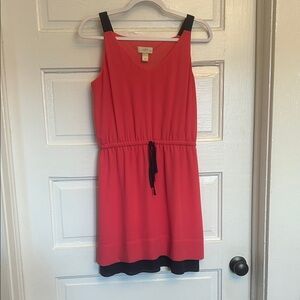 LOFT Coral Sleeveless V-Neck Drawstring Waist Dress with Navy Trim